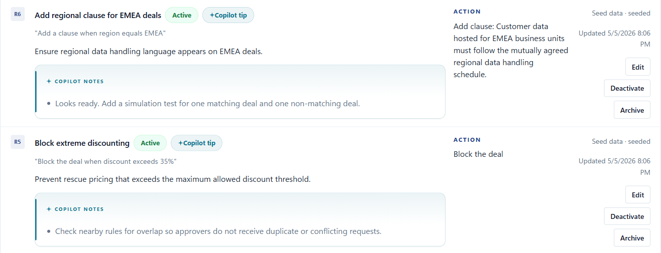 RuleDesk rule library showing plain-English rules compiled to deterministic actions